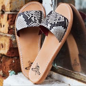 Freebirds GOLDEN Snake Print Reptile Design Leather Slide Sandals SZ 7 EUC